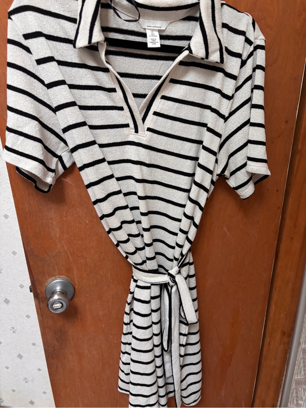 H&M Maternity Black & Cream Striped Polo Tie-Waist Dress